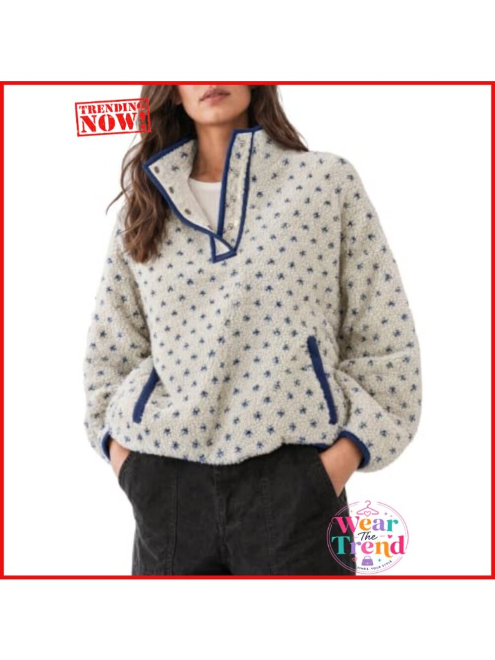Fuzzy Fleece Casual Jacket Collared V Neck Oversized Pullover Top
